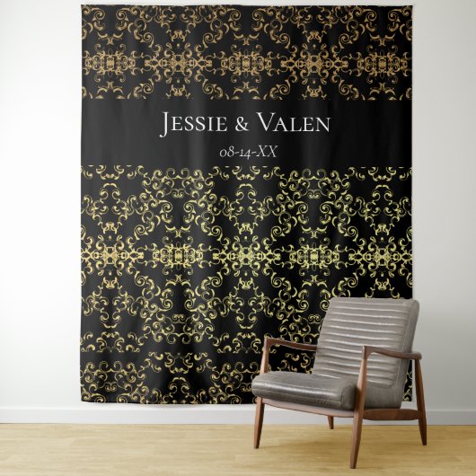 Gold Black Elegant Swirl Gotische Hochzeit Wandteppich (Beispiel)