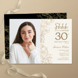 Gold Black Elegant Überraschung Foto 30. Geburtsta Einladung<br><div class="desc">Blütengoldcreme und schwarze Überraschung 30. Geburtstag Party Einladung mit Ihrem Foto auf der Vorderseite der Karte. Elegantes modernes Design mit botanischen Kontur Zeichnungen Akzente und Typografie Drehbuch Schriftart. Einfache,  trendige Einladungskarte für eine stilvolle Damenfeier. Kann für jedes Alter angepasst werden. Gedruckte Zazzle Einladungen oder Sofortdownload digitalen druckbaren Vorlage.</div>