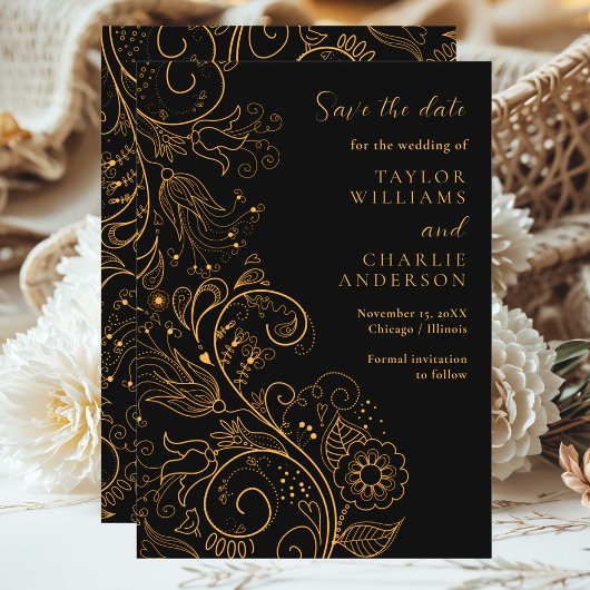 Gold Black Elegante Blumenhochzeit rettet das Datu Save The Date