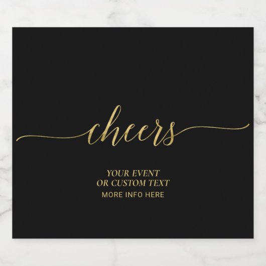 Gold & Black Elegante Script Cheers Gastgeschenk Schaumweinetikett (Einzelnes Label)