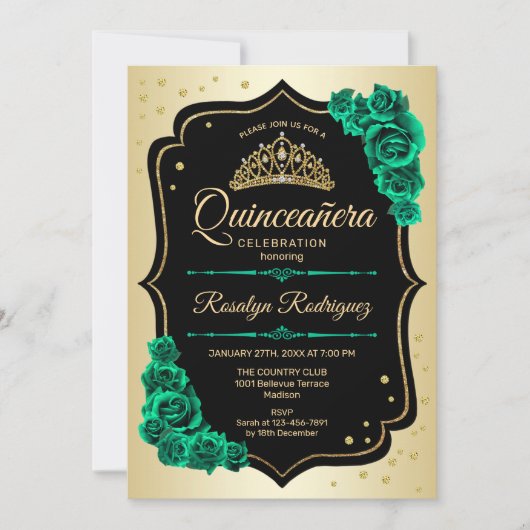 Gold Black Emerald Green Elegante Quinceanera Einladung (Vorderseite)