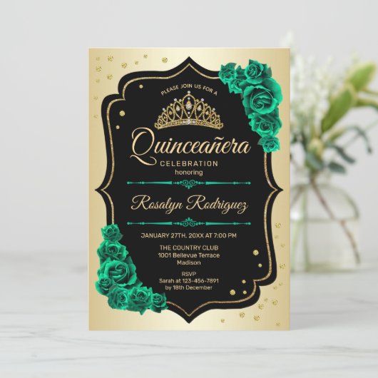 Gold Black Emerald Green Elegante Quinceanera Einladung (Stehend Vorderseite)