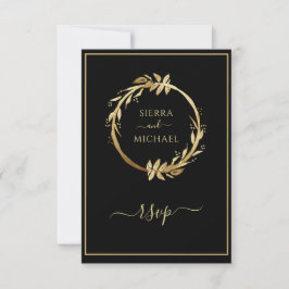 Gold Black Eucalyptus Foliage Wreath Wedding RSVP Karte