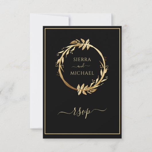 Gold Black Eucalyptus Foliage Wreath Wedding RSVP Karte (Vorderseite)