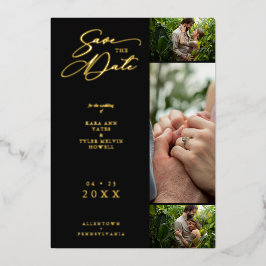 Gold Black Extravagant Collage 3 Fotos Couple Wedd Folieneinladung