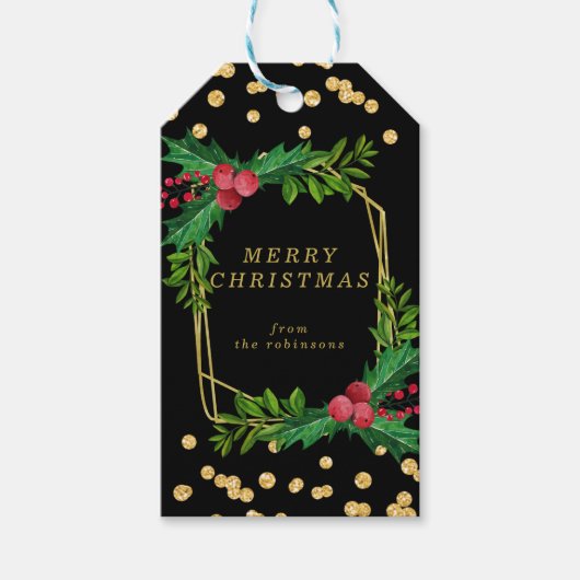 Gold Black Family Frohe Weihnachten Holly Glitzer Geschenkanhänger (Vorderseite)