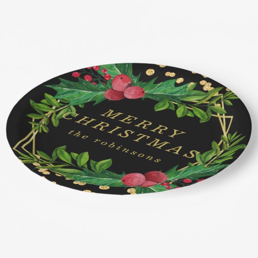 Gold Black Family Frohe Weihnachten Holly Glitzer Pappteller (Schrägansicht)