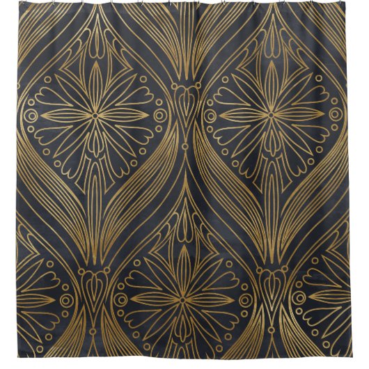 Gold Black Filigree Damask Duschvorhang (Vorderseite)
