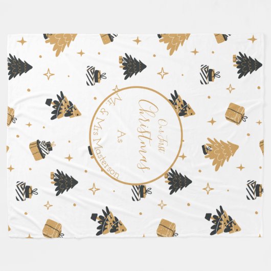 Gold Black First Christmas Tree Muster Custom Fleecedecke (Vorderseite (Horizontal))