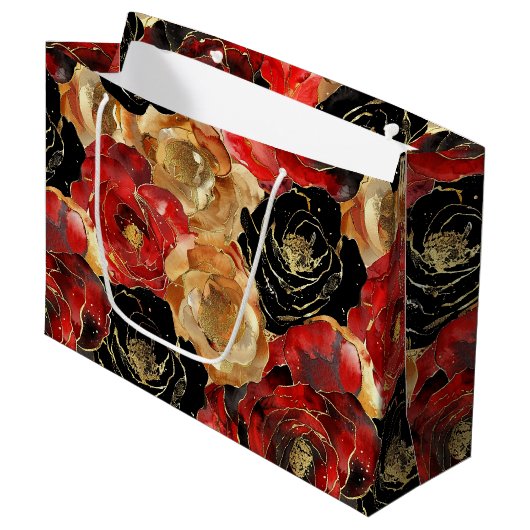 Gold Black Floral Party Brautparty Große Geschenktüte (Vorderseite Schrägansicht)