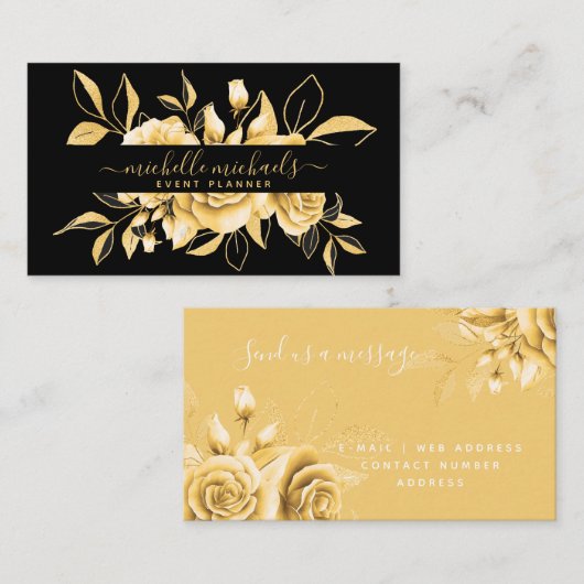 Gold Black Floral Watercolor Eventplaner Visitenkarte (Vorne/Hinten)