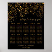 Gold Black Floral Wedding 10 Tables Seating Chart Poster (Vorne)