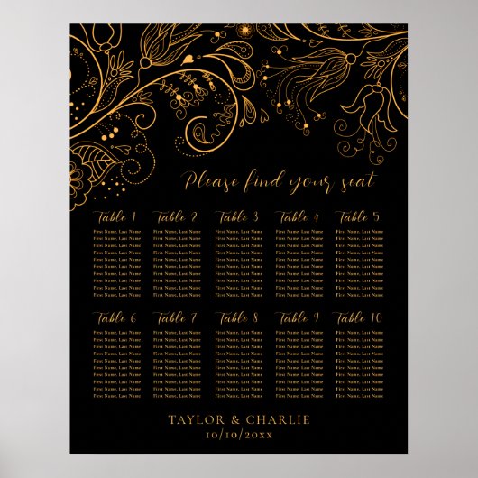 Gold Black Floral Wedding 10 Tables Seating Chart Poster (Vorne)
