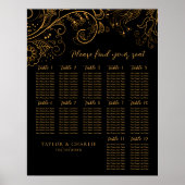 Gold Black Floral Wedding 12 Tables Seating Chart Poster (Vorne)