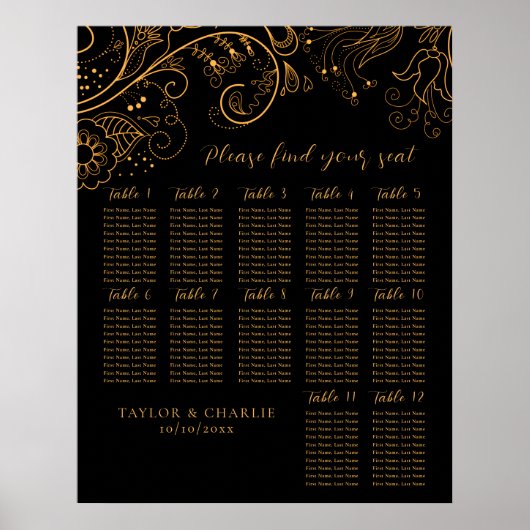 Gold Black Floral Wedding 12 Tables Seating Chart Poster (Vorne)