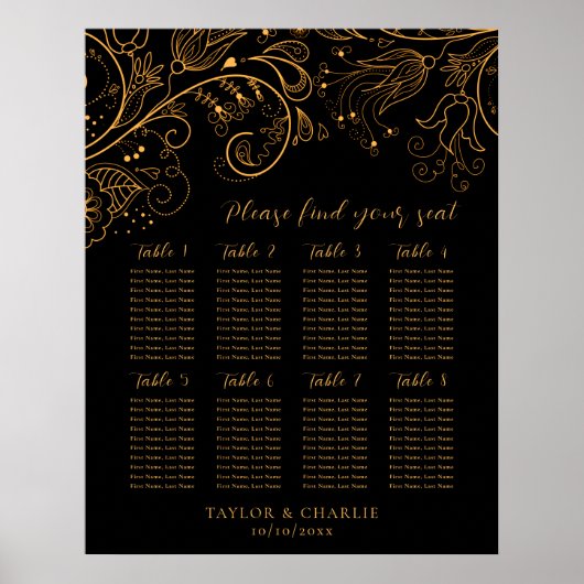 Gold Black Floral Wedding 8 Tables Seating Chart Poster (Vorne)