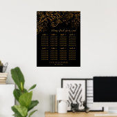 Gold Black Floral Wedding 8 Tables Seating Chart Poster (Heimbüro)