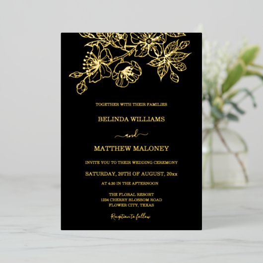 Gold Black Floral Wedding Folieneinladung (Stehend vorne)