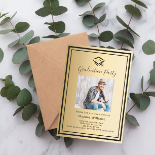 Gold Black Foto Cap Graduation Party Einladung