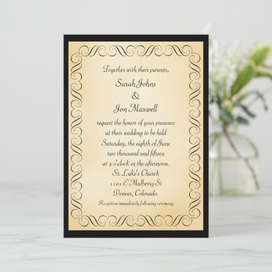 Gold Black Frame Wedding Einladung (Stehend Vorderseite)