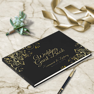 Gold & Black Frilly Filigree Elegante Hochzeit Gästebuch
