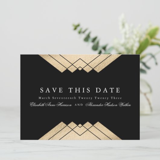 Gold Black Geometric Gatsby QR Code Save the Date Einladung (Stehend Vorderseite)