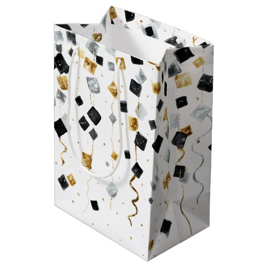 Gold Black Glam Confetti Christmas Mittlere Geschenktüte (Rückseite Schrägansicht)
