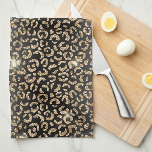 Gold Black Glam Glitzer Leopard Geschirrtuch (Viertel Falte)