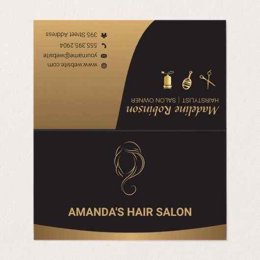 Gold Black Glamour Stylist | Haar und Schönheit Visitenkarten (Außenseite Aufgefaltet)