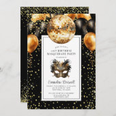Gold Black Glitter Birthday Masquerade Party Einladung (Vorne/Hinten)