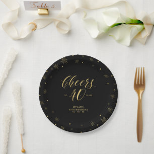 Gold & Black Glitter Cheers 40. Geburtstagsfeier Pappteller