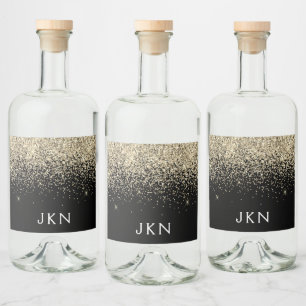 Gold Black Glitzer Girly Monogram Initials Alkoholflaschenetikett