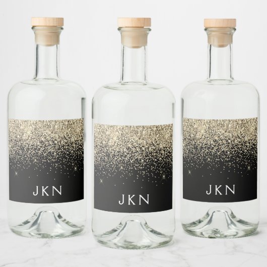 Gold Black Glitzer Girly Monogram Initials Alkoholflaschenetikett (Flaschen)