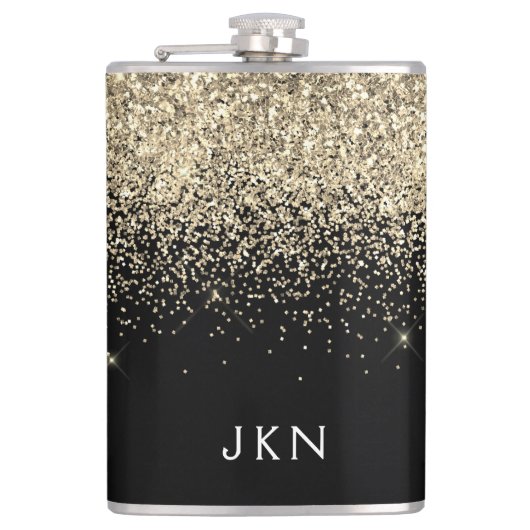Gold Black Glitzer Girly Monogram Initials Flachmann (Vorderseite)