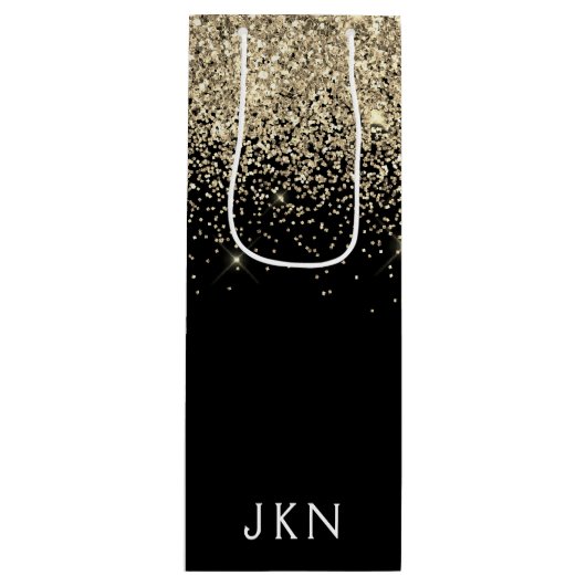 Gold Black Glitzer Girly Monogram Initials Geschenktüte Für Weinflaschen (Vorderseite)