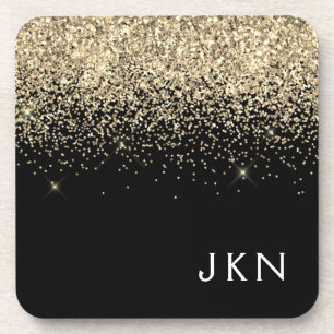 Gold Black Glitzer Girly Monogram Initials Getränkeuntersetzer