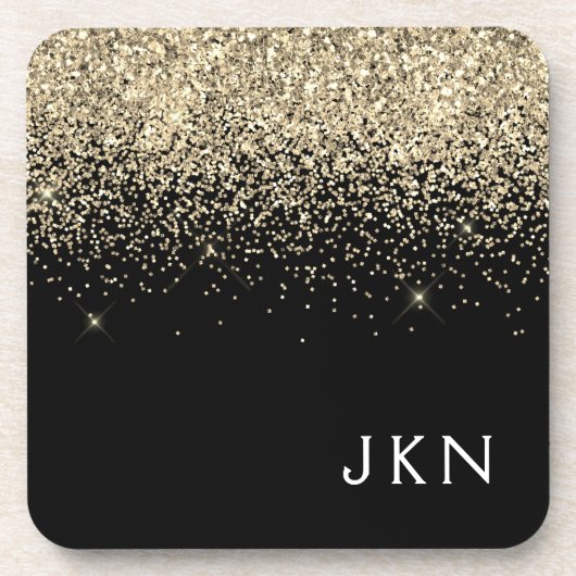 Gold Black Glitzer Girly Monogram Initials Getränkeuntersetzer (Vorderseite)