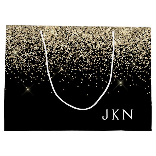 Gold Black Glitzer Girly Monogram Initials Große Geschenktüte (Rückseite)