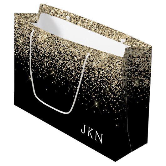 Gold Black Glitzer Girly Monogram Initials Große Geschenktüte (Vorderseite Schrägansicht)