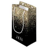 Gold Black Glitzer Girly Monogram Initials Kleine Geschenktüte (Vorderseite Schrägansicht)
