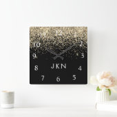Gold Black Glitzer Girly Monogram Initials Quadratische Wanduhr (Zuhause)