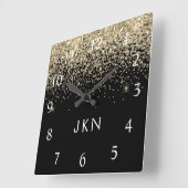 Gold Black Glitzer Girly Monogram Initials Quadratische Wanduhr (Winkel)