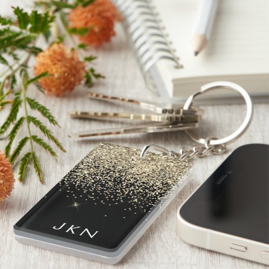 Gold Black Glitzer Girly Monogram Initials Schlüsselanhänger (Vorderseite rechts)