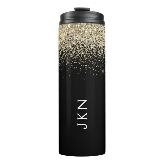 Gold Black Glitzer Girly Monogram Initials Thermosbecher (Vorderseite)