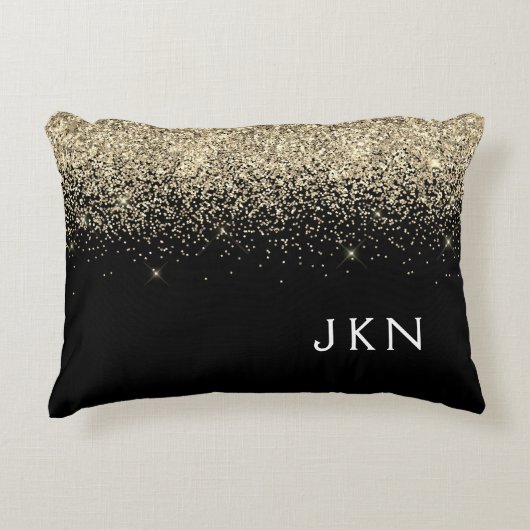 Gold Black Glitzer Monogram Girly Initials Dekokissen (Vorderseite)