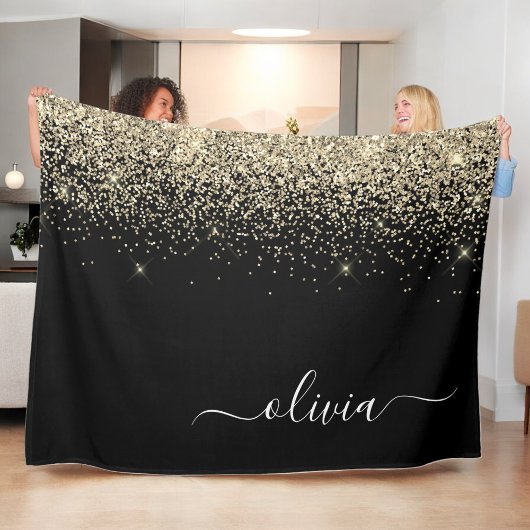Gold Black Glitzer Script Monogram Girlaname Fleecedecke