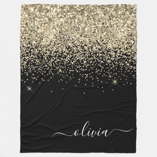 Gold Black Glitzer Script Monogram Girlaname Fleecedecke (Vorderseite)
