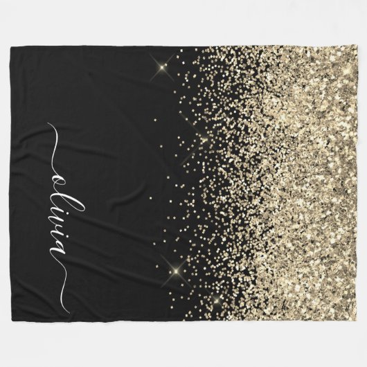 Gold Black Glitzer Script Monogram Girlaname Fleecedecke (Vorderseite (Horizontal))