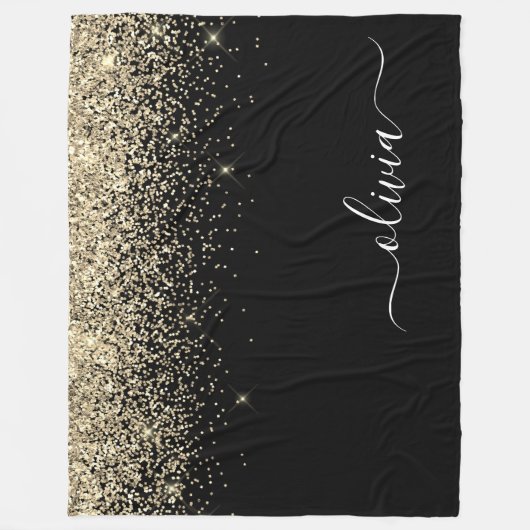 Gold Black Glitzer Script Monogram Girlaname Fleecedecke (Vorderseite)