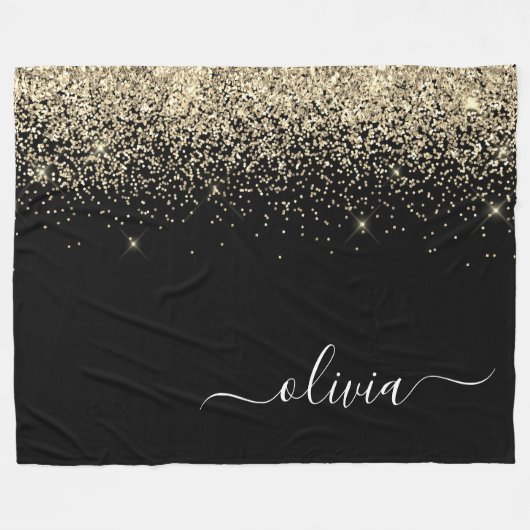 Gold Black Glitzer Script Monogram Girlaname Fleecedecke (Vorderseite (Horizontal))